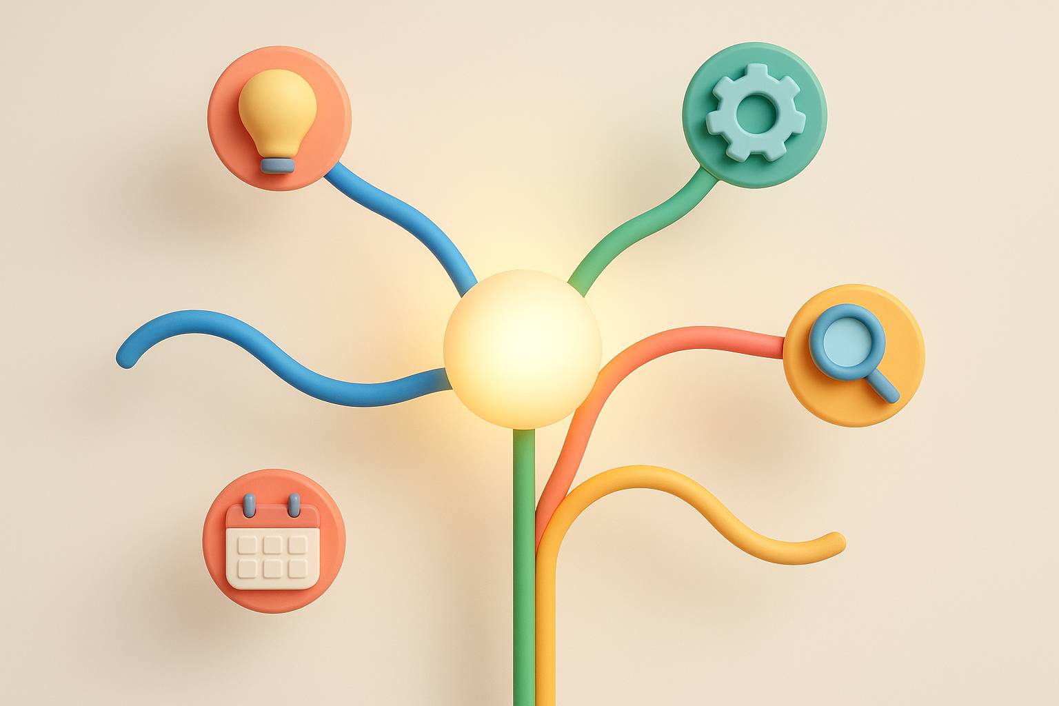 Ilustración 3D, formato horizontal: núcleo luminoso central del que parten ramas curvas en colores...