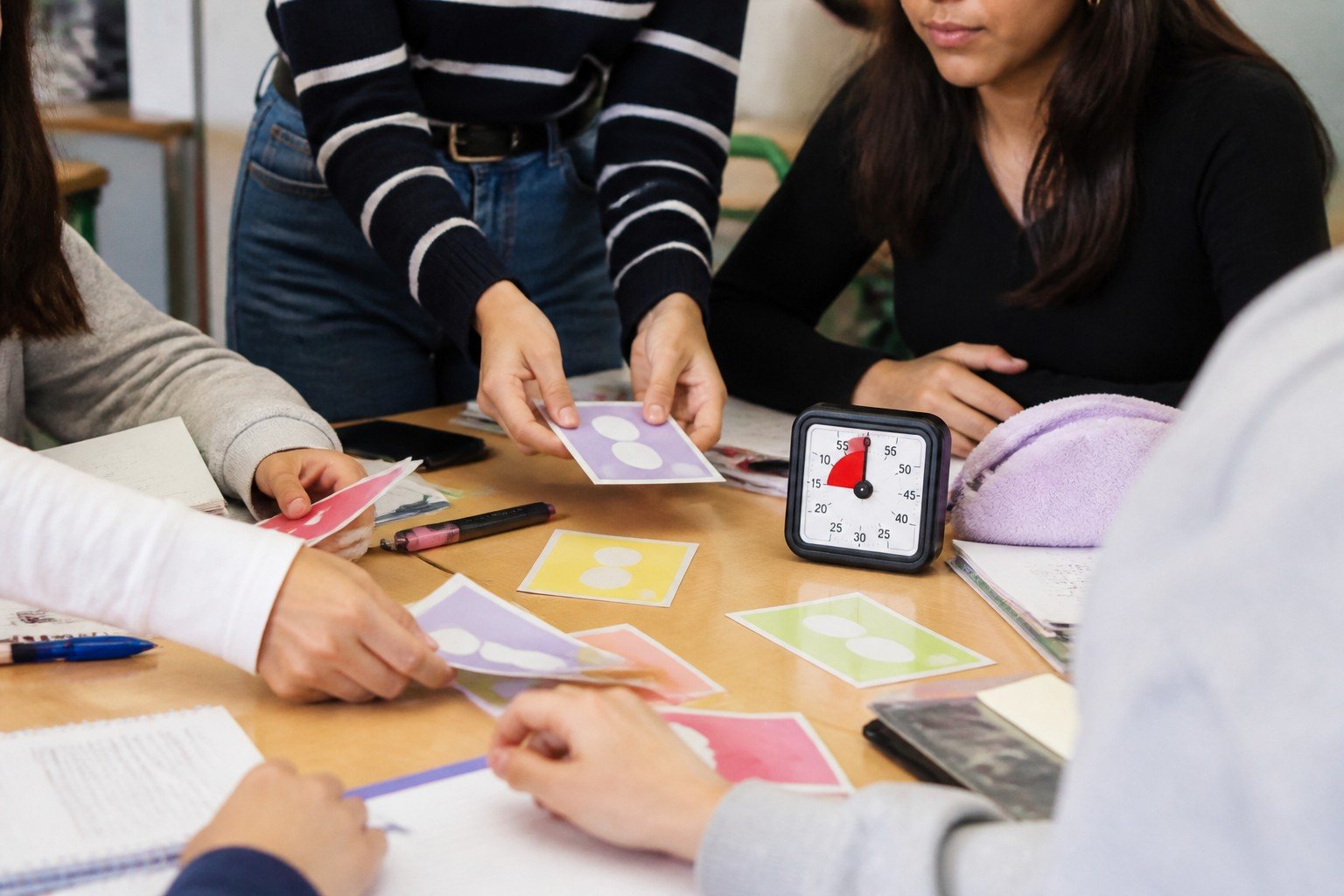 Mesa de grupo con roles señalados mediante tarjetas sin texto legible